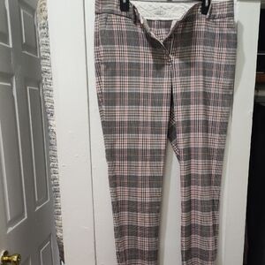 LOFT Plaid Straight Leg Pants - Pink, Gray, White